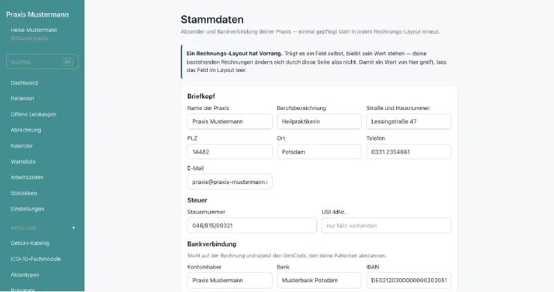 praxifun, Bildschirmansicht: Stammdaten einmal pflegen
