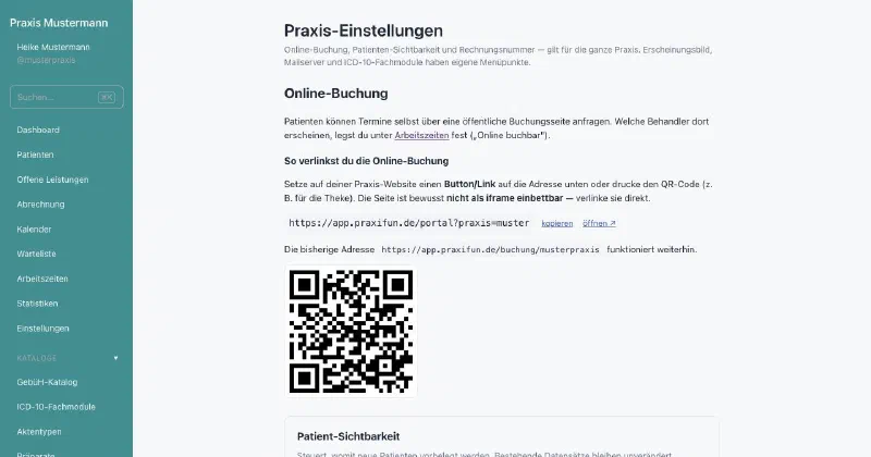 praxifun, Bildschirmansicht: Praxis-Einstellungen