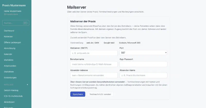 praxifun, Bildschirmansicht: Eigener Mailserver