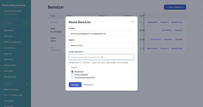praxifun, Bildschirmansicht: Benutzer und Rollen