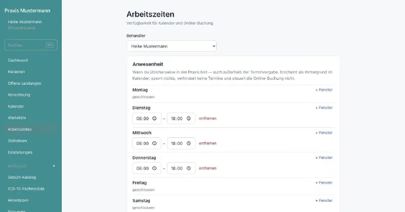 praxifun, Bildschirmansicht: Arbeitszeiten hinterlegen