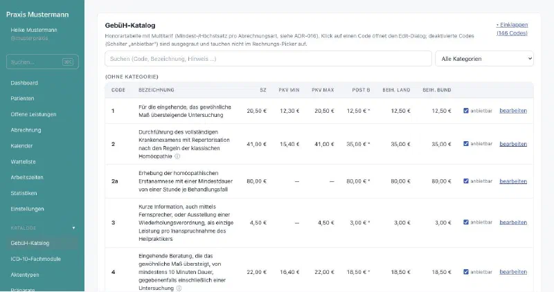 praxifun, Bildschirmansicht: GebüH-Katalog mit Multitarif