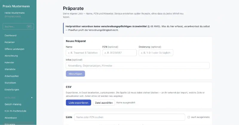 praxifun, Bildschirmansicht: Präparateliste der Praxis