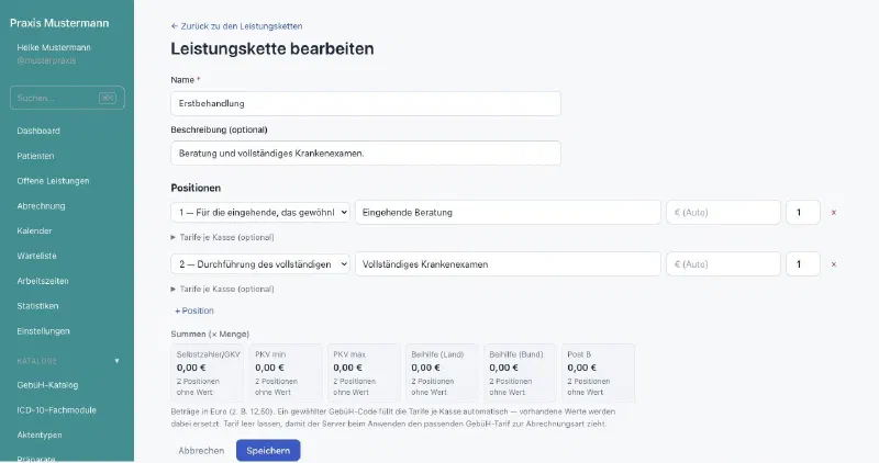 praxifun, Bildschirmansicht: Leistungsketten