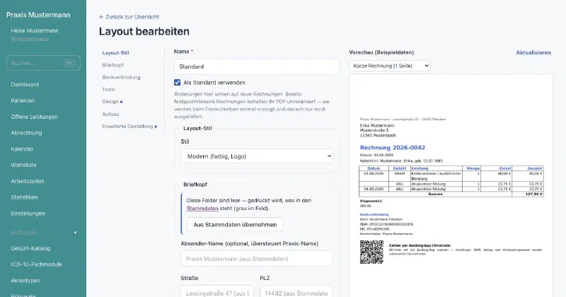 praxifun, Bildschirmansicht: Rechnungs-Layout mit Vorschau