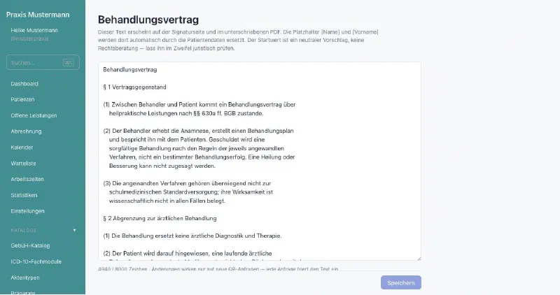 praxifun, Bildschirmansicht: Behandlungsvertrag als Text