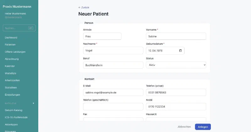 praxifun, Bildschirmansicht: Neuen Patienten anlegen
