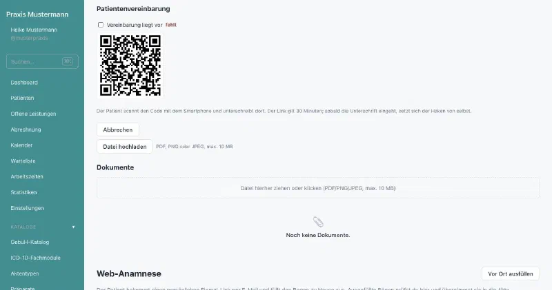 praxifun, Bildschirmansicht: Behandlungsvertrag digital unterschreiben
