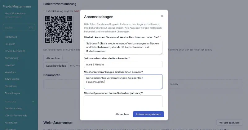 praxifun, Bildschirmansicht: Anamnesebogen — vor Ort oder zu Hause