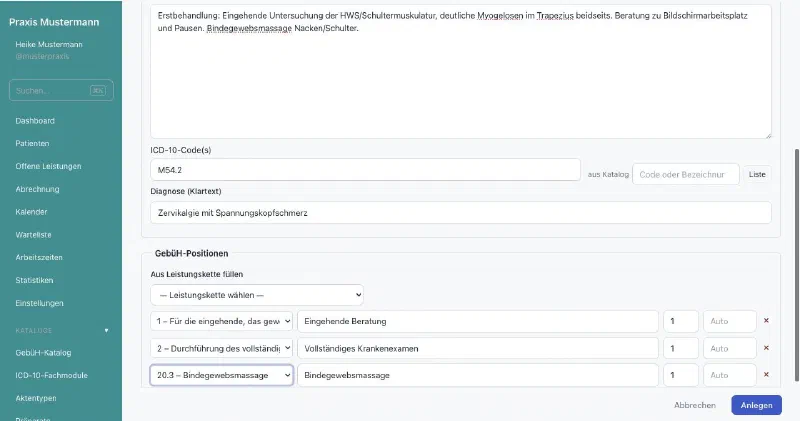 praxifun, Bildschirmansicht: Behandlung erfassen