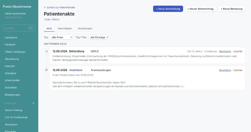 praxifun, Bildschirmansicht: Die Akte als Zeitstrahl
