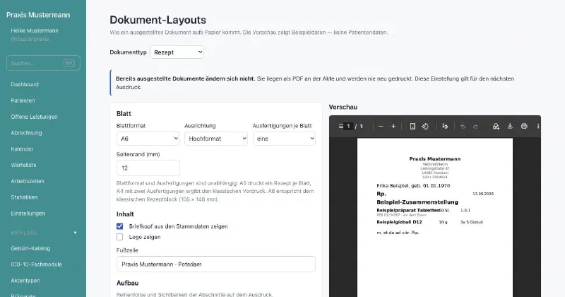 praxifun, Bildschirmansicht: Rezept als PDF — bis zum A6-Block