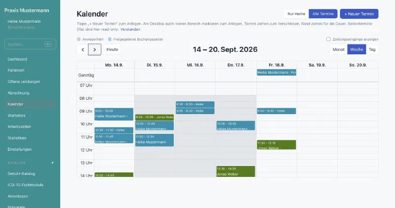 praxifun, Bildschirmansicht: Kalender mit Behandler-Farben