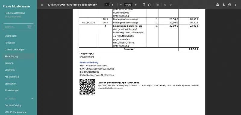 praxifun, Bildschirmansicht: Bankverbindung und GiroCode