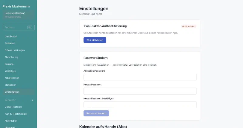 praxifun, Bildschirmansicht: Zwei-Faktor-Anmeldung und Passwort