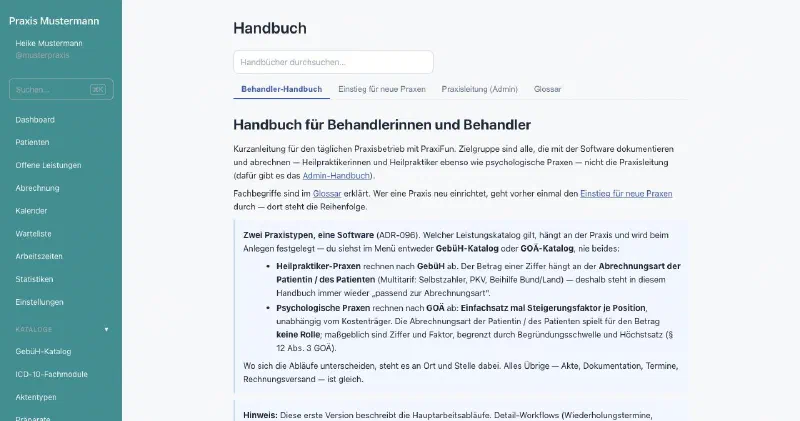 praxifun, Bildschirmansicht: Handbuch in der Anwendung