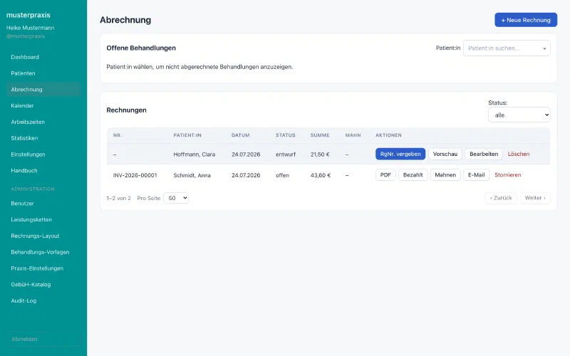 Rechnungsansicht mit GebüH-Positionen, Leistungstexten und Gesamtbetrag.